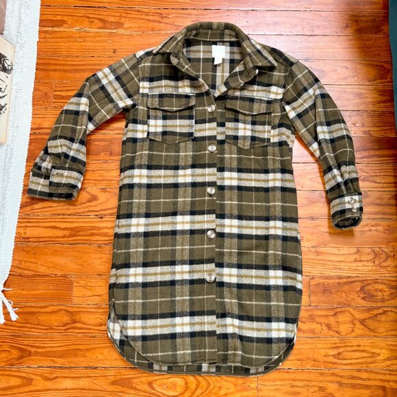 H&M Oversized Long Shacket - Plaid Olive Brown Khaki Black White - Size: XS - Picture 2 of 5